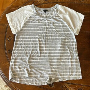 Striped gray and white West Key brand tee with sheer sleeves